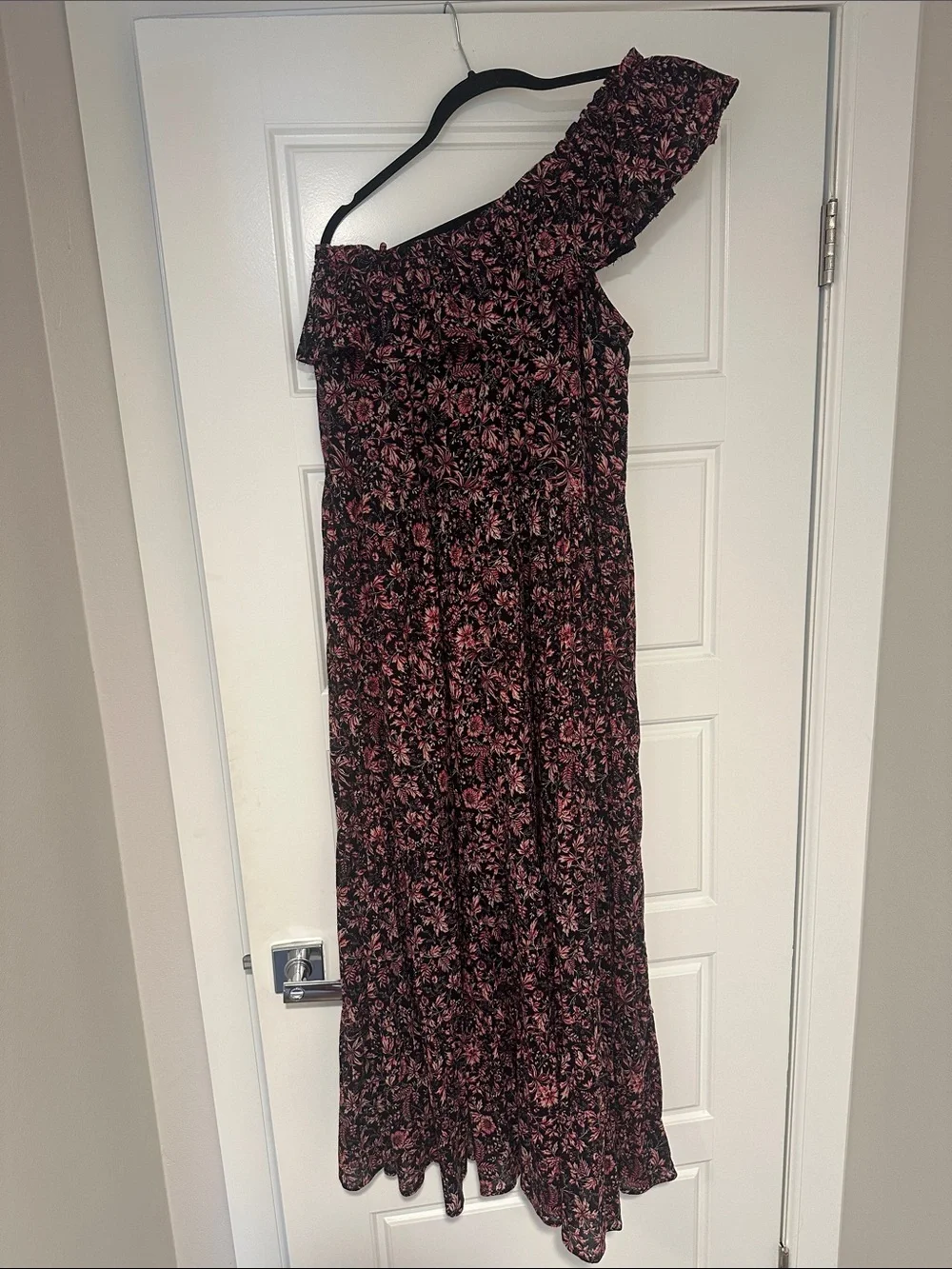 Free People One-Shoulder Floral Maxi Dress in Black and Pink